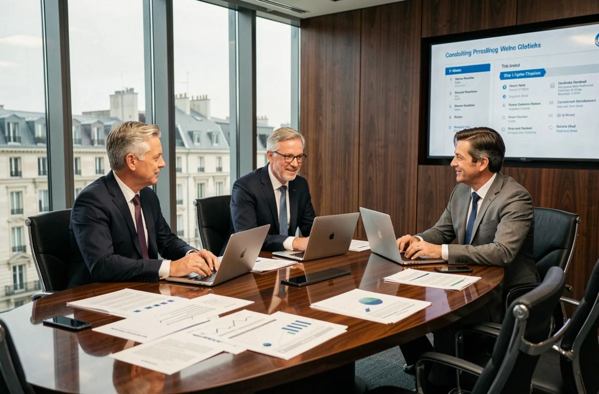 Équipe de consultants de Talan SAS en réunion stratégique autour d'une table de conférence