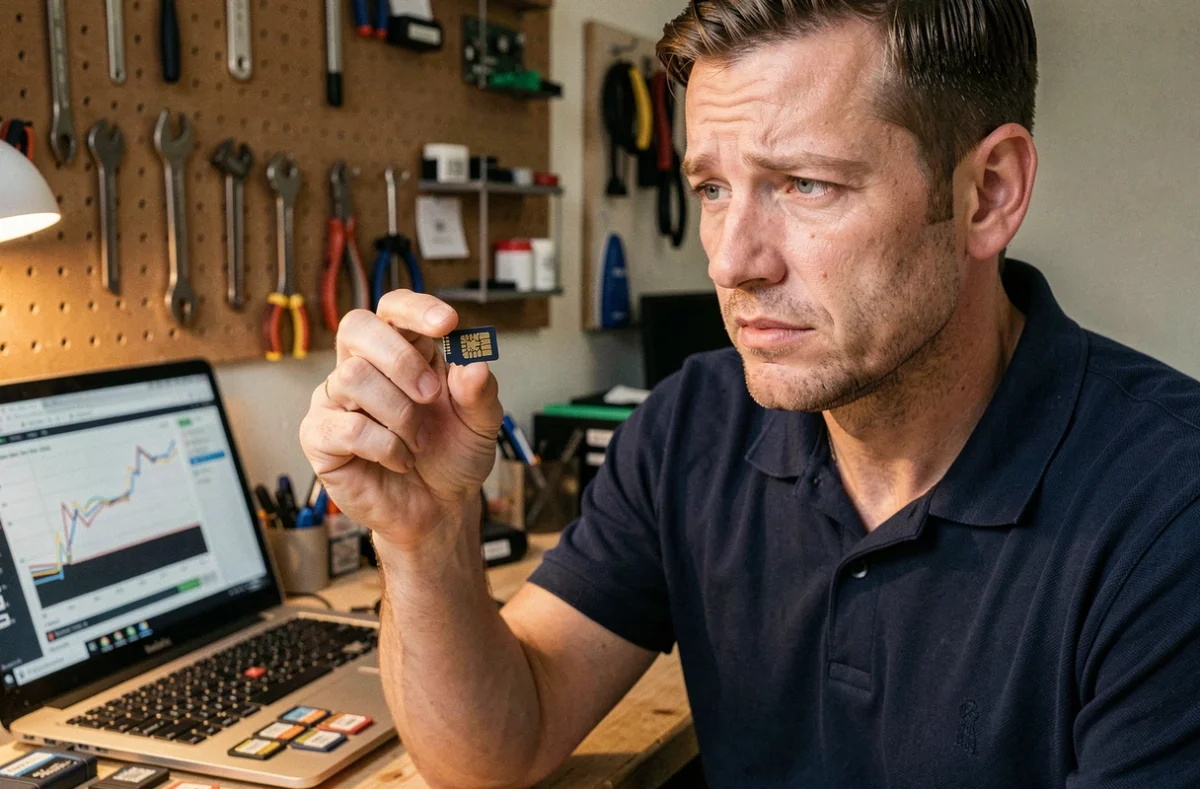 Technicien tenant une carte microSD entre ses doigts devant un établi rempli d'accessoires de stockage