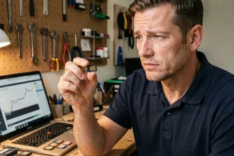 Technicien tenant une carte microSD entre ses doigts devant un établi rempli d'accessoires de stockage