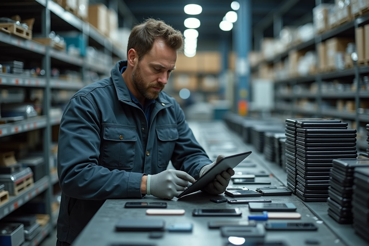 Technicien en recyclage examinant des smartphones usagés
