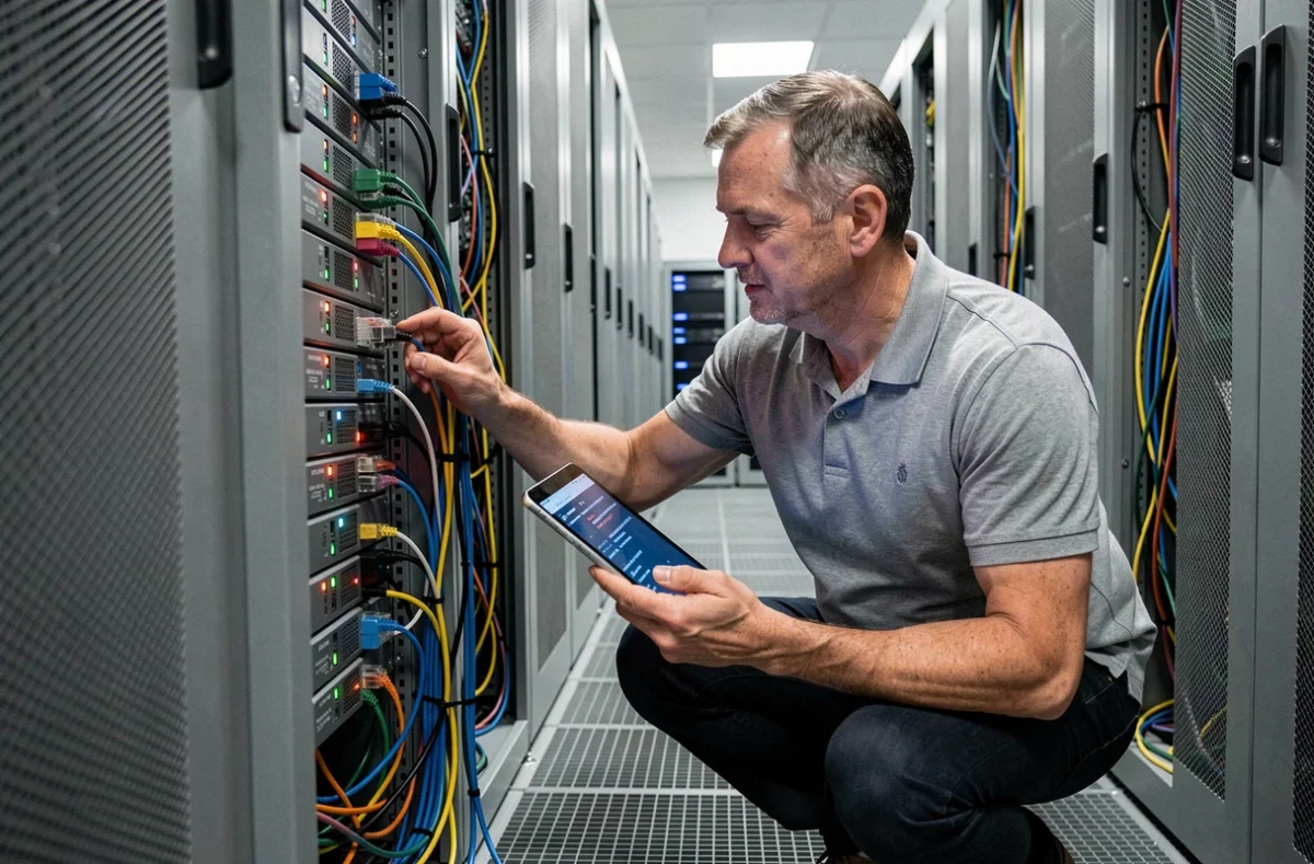 Technicien informatique inspectant des câbles réseau dans une salle serveur lors d'une panne de messagerie universitaire