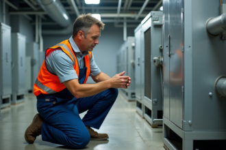 Technicien en overalls inspectant une VRE sur le toit