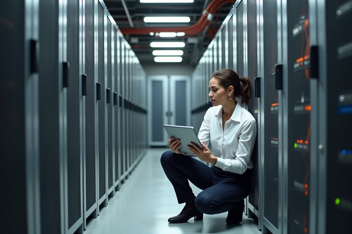 Technicienne informatique inspectant les câbles réseau dans une salle serveur du SDIS pour diagnostiquer un problème de connexion Artemis