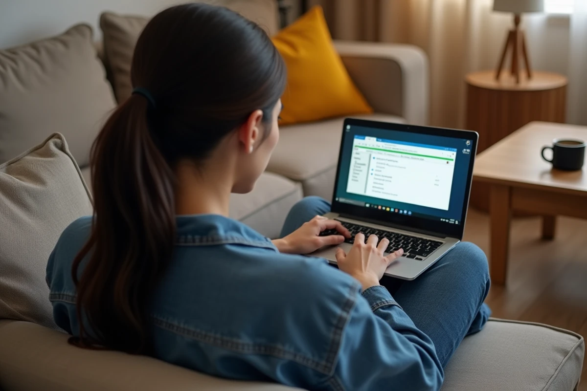 Femme téléchargeant un fichier ISO Windows 7 sur son ordinateur portable dans un salon