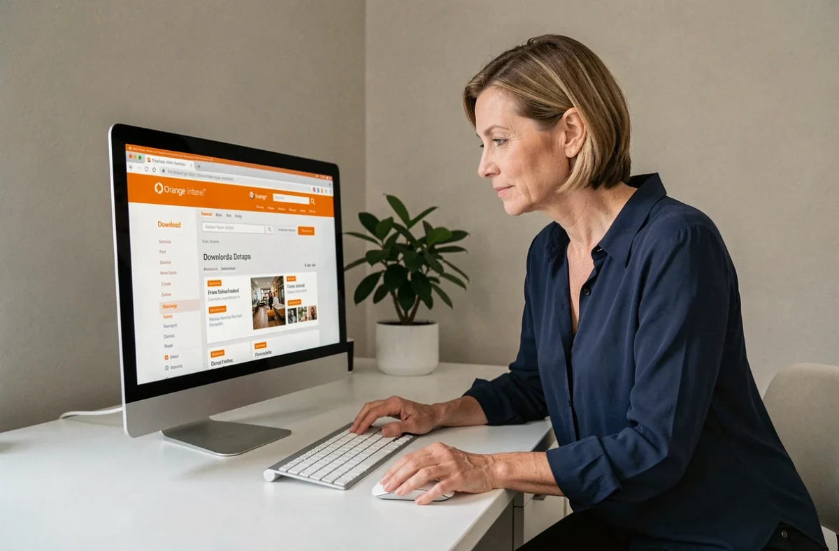Femme effectuant un nouveau téléchargement du portail Orange sur son ordinateur de bureau