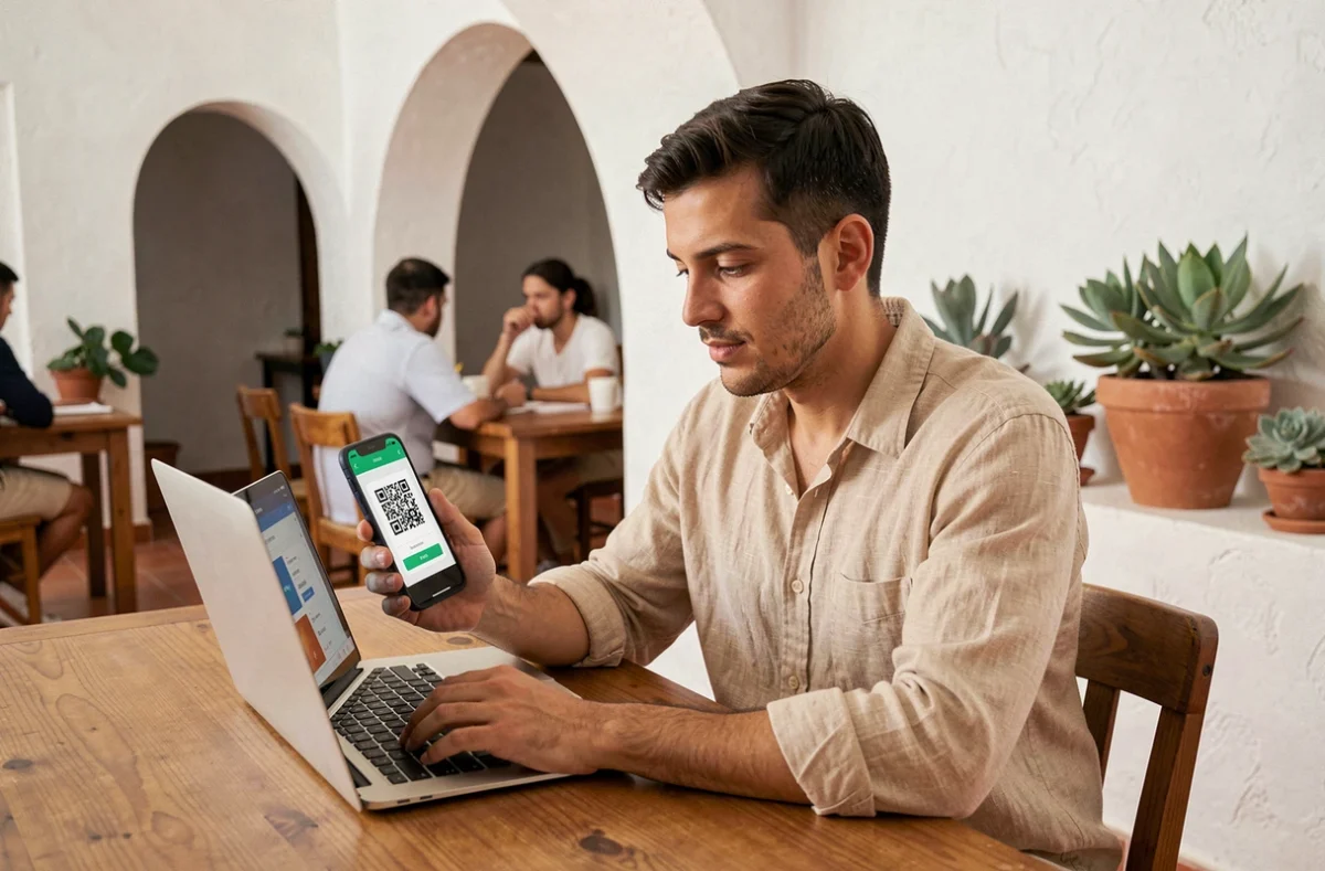 Télétravailleur nomade activant une eSIM Maroc Telecom sur son smartphone dans un co-working space marocain