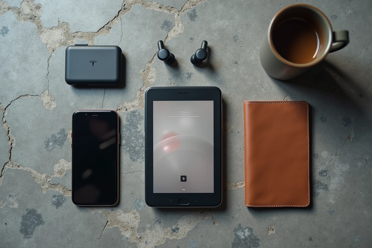Flat-lay éditorial regroupant batterie Tesla portable, antenne Starlink mini et interface IA sur béton texturé
