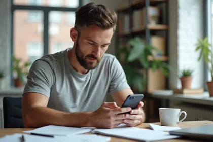 Homme utilisant un smartphone Google Pixel toute la journée au bureau pour tester l'autonomie de la batterie