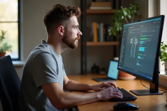 Homme faisant un test de rapidité de frappe au clavier sur son bureau à domicile