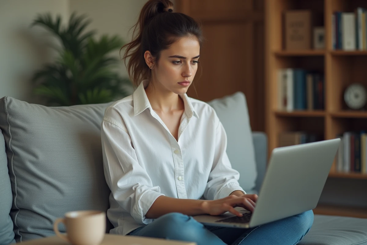 Jeune femme testant sa vitesse de frappe au clavier sur un ordinateur portable dans son salon