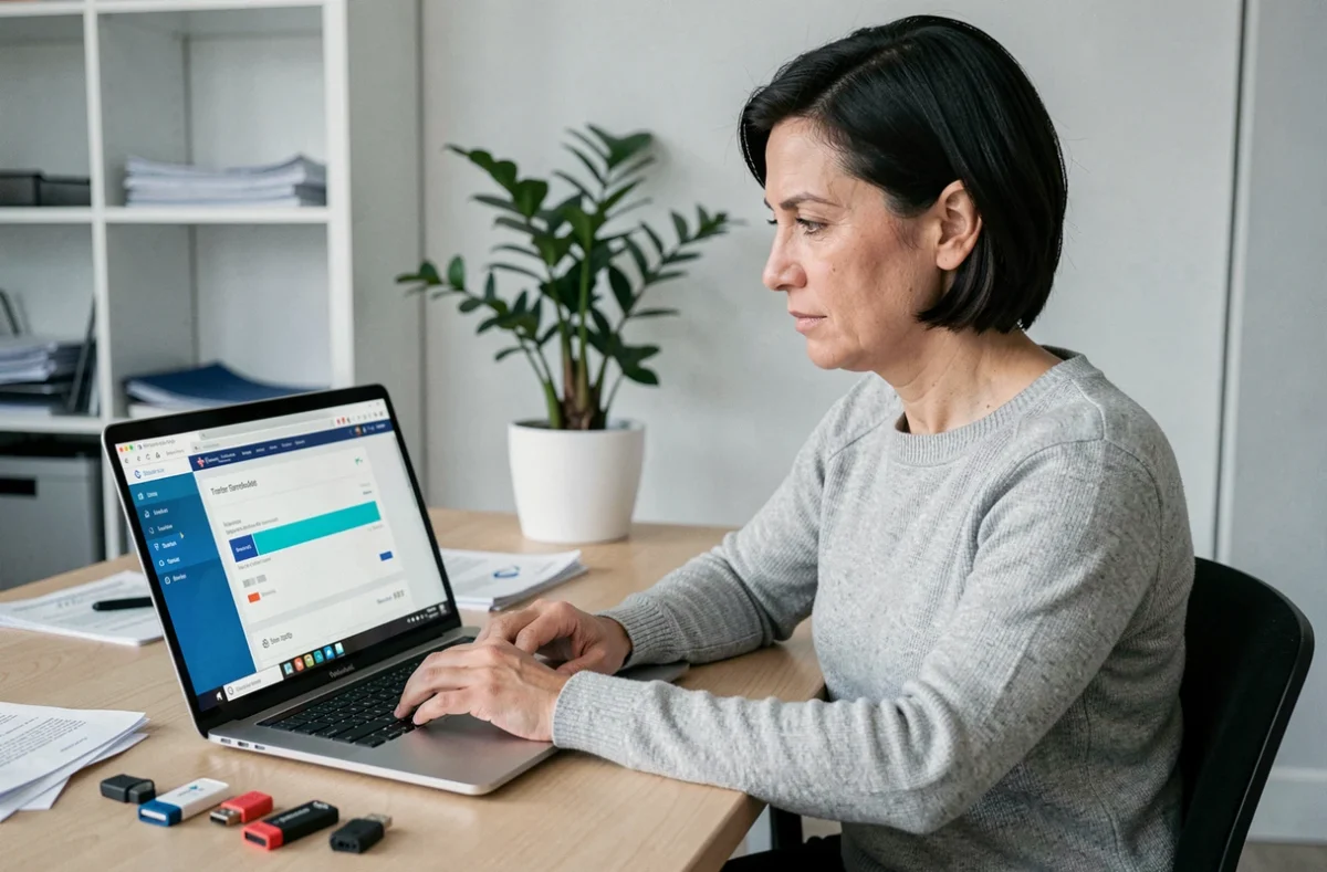 Femme professionnelle en train de transférer des fichiers sécurisés via SwissTransfer sur un ordinateur portable dans un bureau moderne