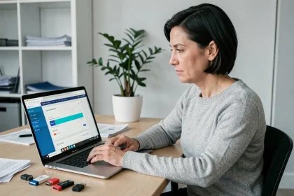 Femme professionnelle en train de transférer des fichiers sécurisés via SwissTransfer sur un ordinateur portable dans un bureau moderne