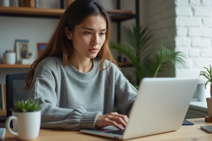Jeune femme utilisant un service d'email temporaire sur son ordinateur portable pour s'inscrire en ligne sans divulguer son adresse personnelle