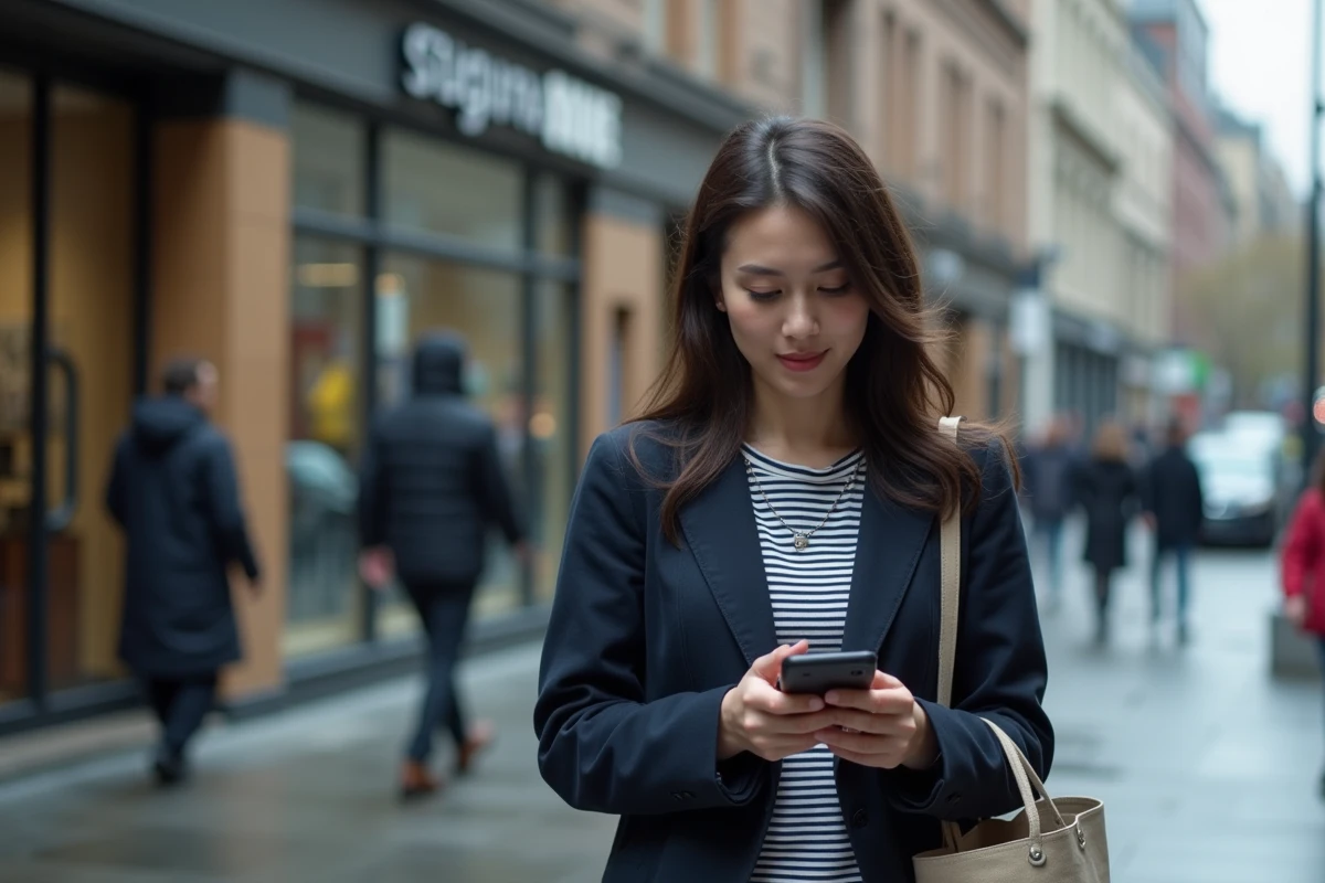 Femme consultant son téléphone Google dans la rue lors d'une journée chargée, test d'endurance batterie en conditions réelles