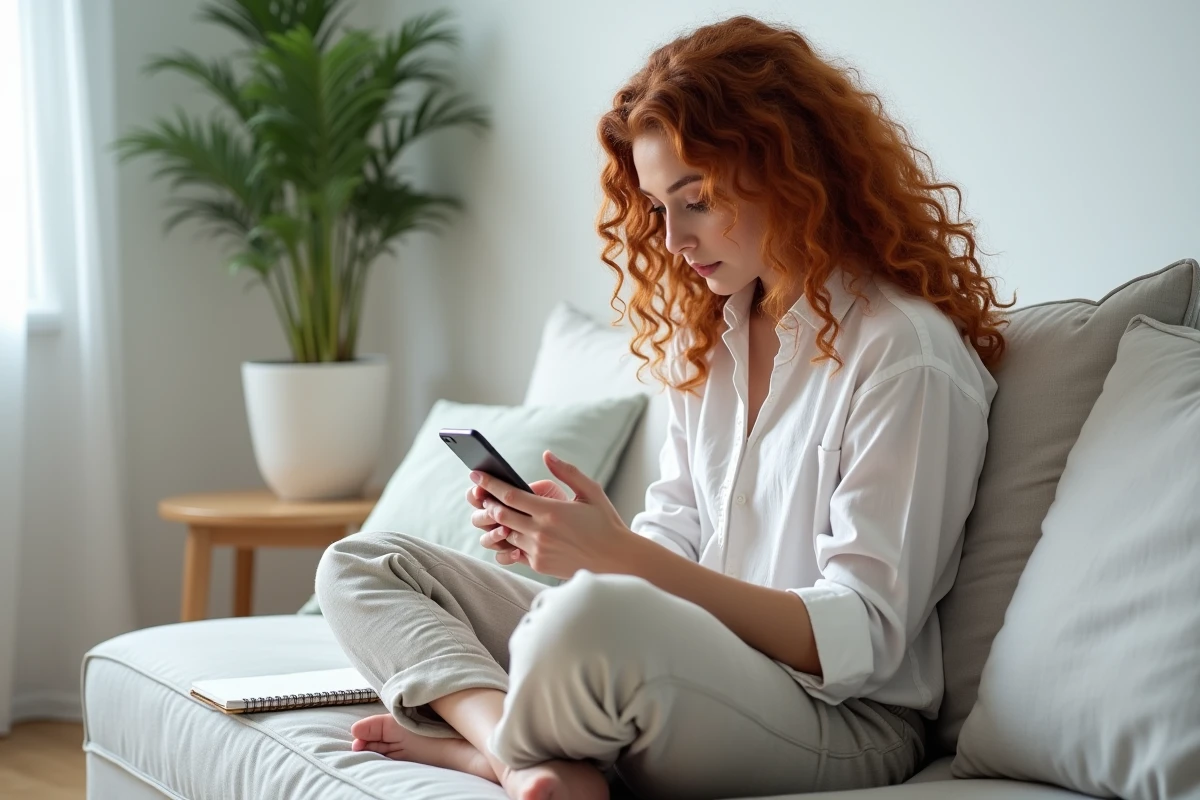 Jeune femme vérifiant les caractéristiques d'un iPhone 14 sur une application d'achat en ligne depuis son canapé