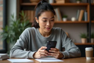 Femme inspectant un iPhone 14 avant achat, vérifiant l'écran et le châssis de près dans un bureau à domicile