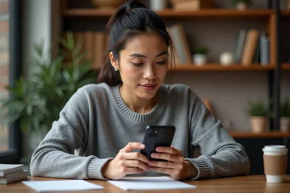 Femme inspectant un iPhone 14 avant achat, vérifiant l'écran et le châssis de près dans un bureau à domicile