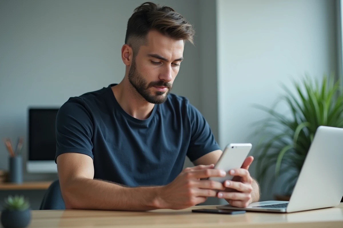 Homme consultant des stories Snapchat de comptes publics et privés depuis son bureau à domicile