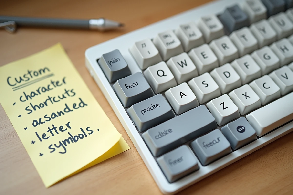 Vue de dessus d'un clavier AZERTY avec une note manuscrite listant des raccourcis de caractères spéciaux