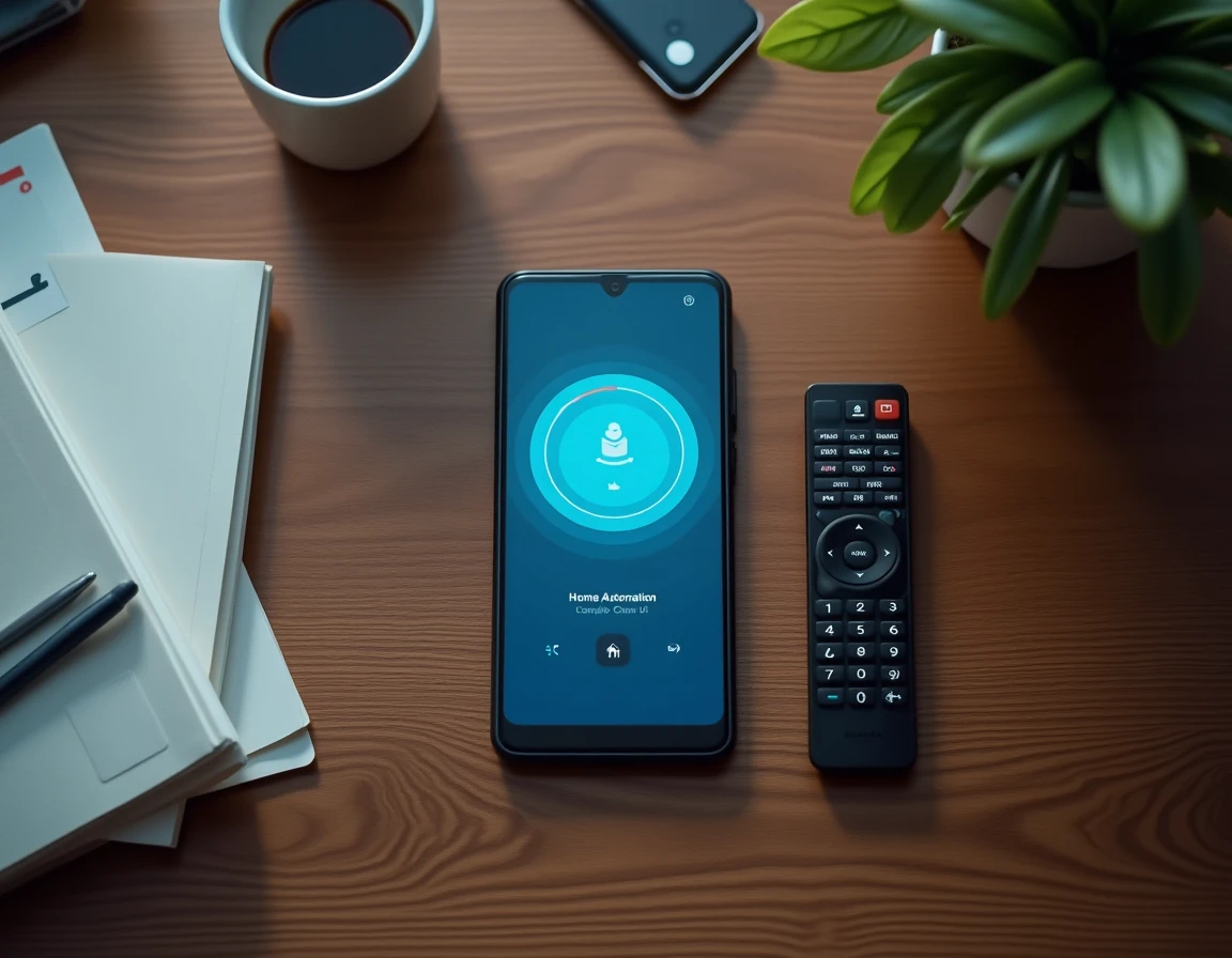 Vue de dessus d'un smartphone affichant l'application Mafreeboxos posé sur un bureau à côté d'une télécommande classique