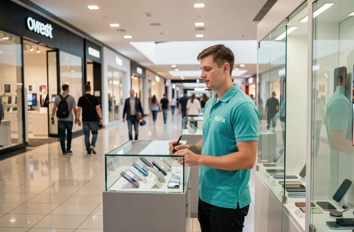 Technicien WeFix au centre commercial Iroise à Brest prêt à réparer un smartphone au kiosque de réparation