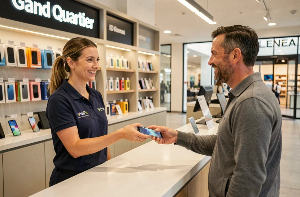 Technicienne WeFix au centre Grand Quartier de Rennes remettant un smartphone réparé à un client satisfait