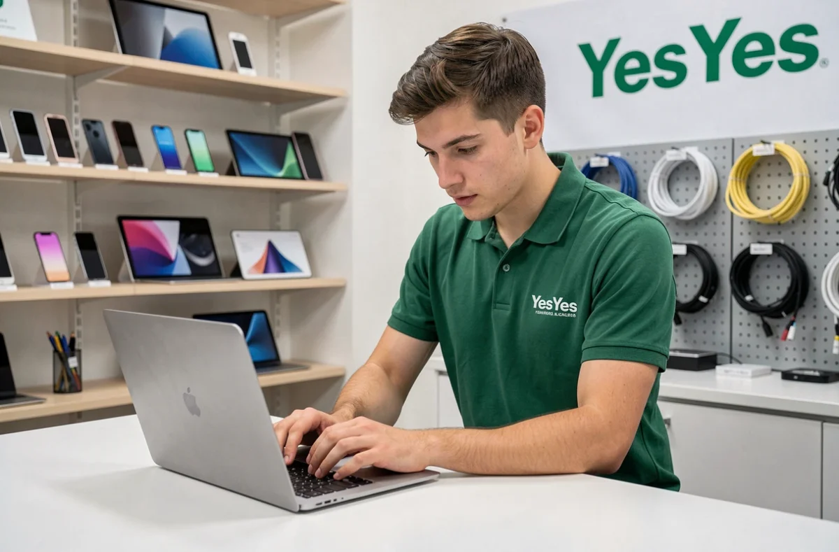 Technicien inspectant un ordinateur portable reconditionné dans la boutique YesYes